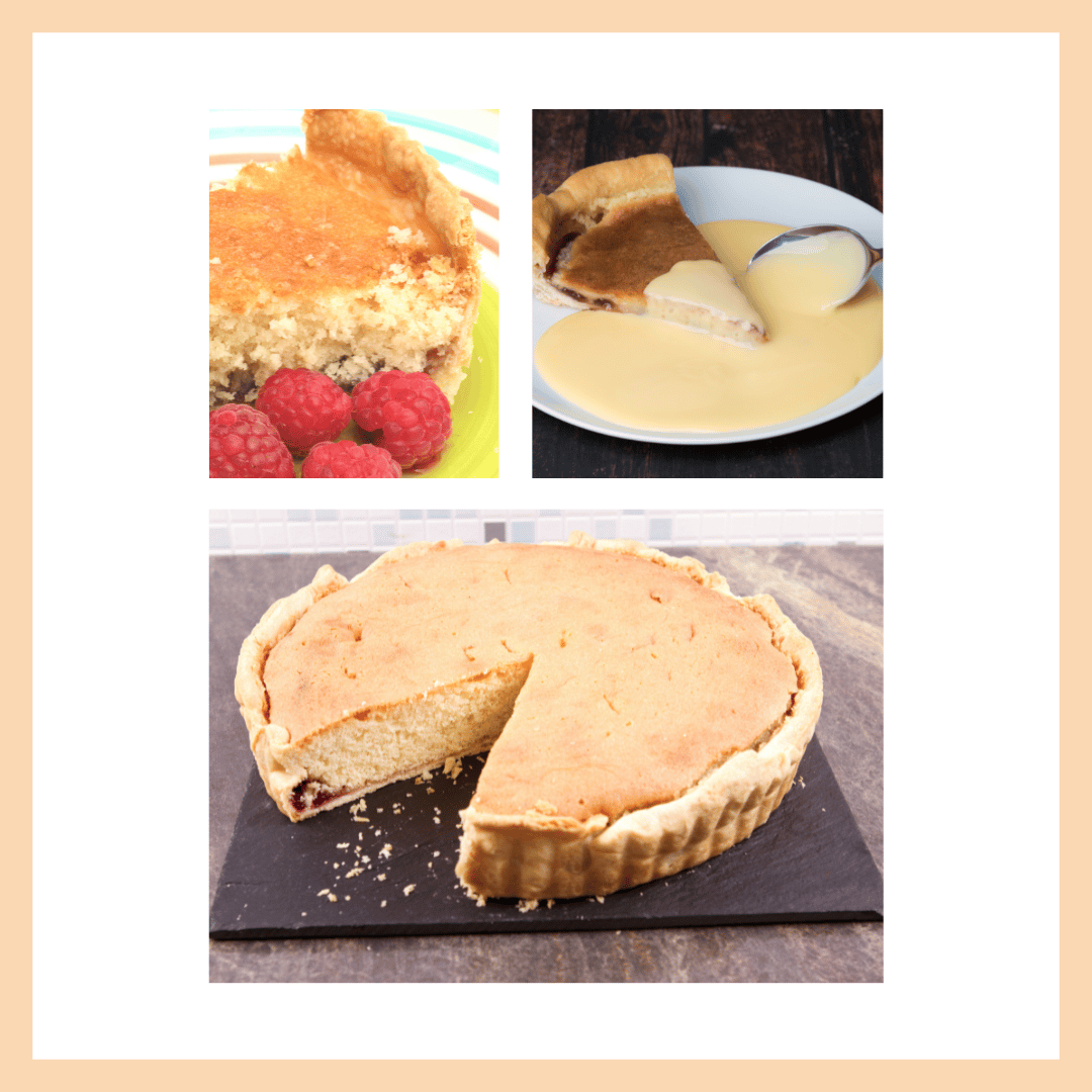 Bakewell Tart with custard and a freshly baked Bakewell pudding